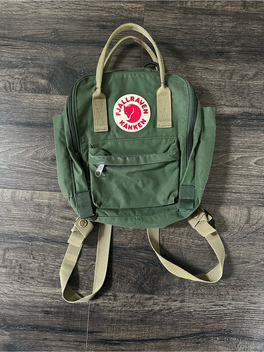 Fjallraven Kanken Mini Backpack Olive Green Tan Straps 7L